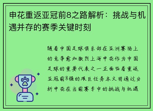 申花重返亚冠前8之路解析：挑战与机遇并存的赛季关键时刻